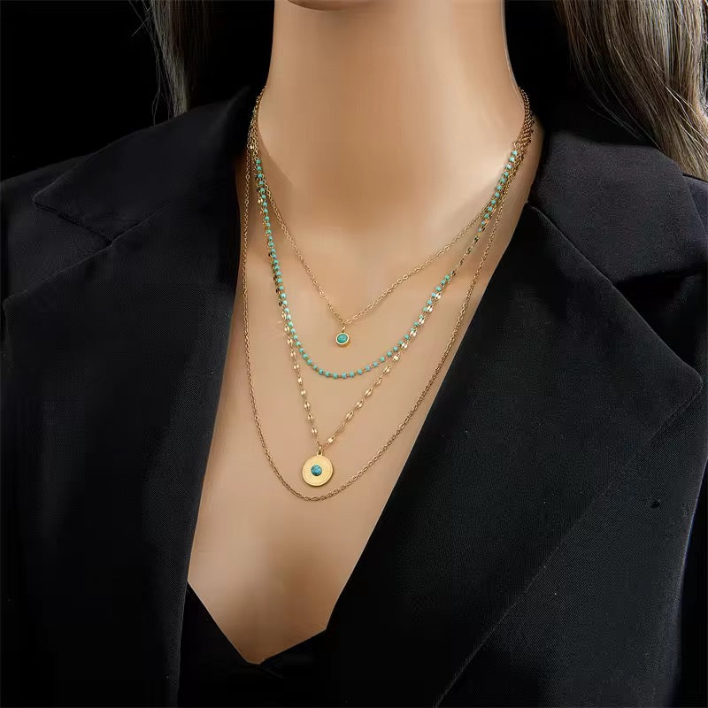 SS 171 Turquoise 4 layer necklace- 18k gold plated stainless steel - Anti tarnish - Wholesale