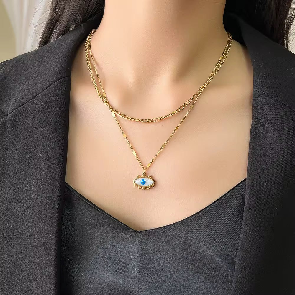SJ 172 Evil eye double layer necklace- 18k gold PVD plated stainless steel - Anti tarnish - Wholesale