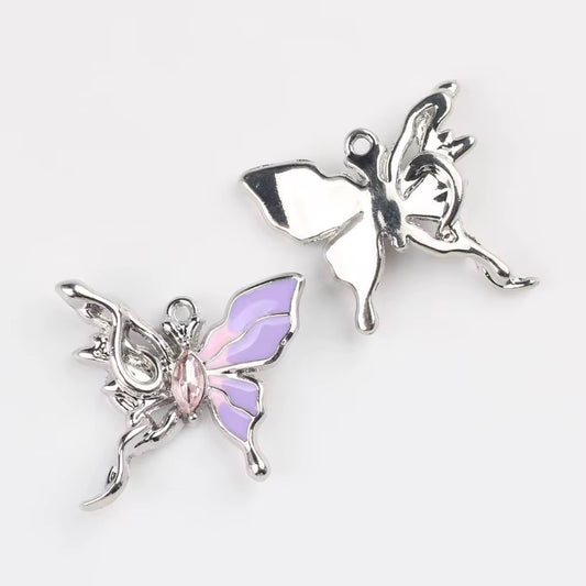 SS 2119 Pink & Purple Butterfly Zircon Charm Silver plated Alloy Premium ( 1 pc ) Tarnish Resistant ( 24:25 mm )