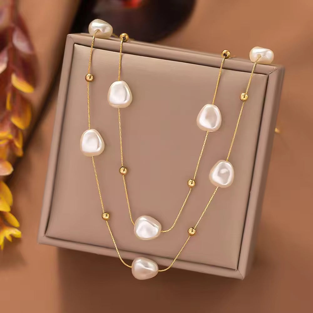 SS 173 Chunky pearl dainty double layer necklace- 18k gold plated stainless steel - Anti tarnish - Wholesale