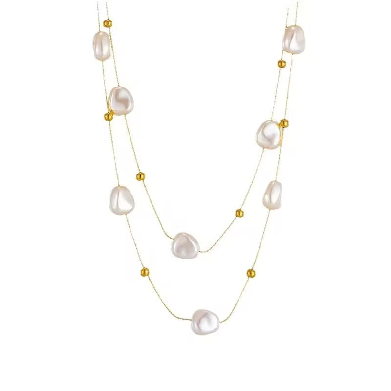 SS 173 Chunky pearl dainty double layer necklace- 18k gold plated stainless steel - Anti tarnish - Wholesale