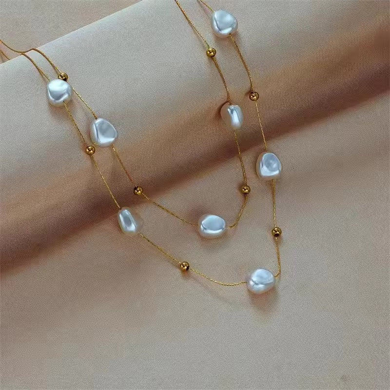 SJ 173 Chunky pearl dainty double layer necklace- 18k gold PVD plated stainless steel - Anti tarnish - Wholesale