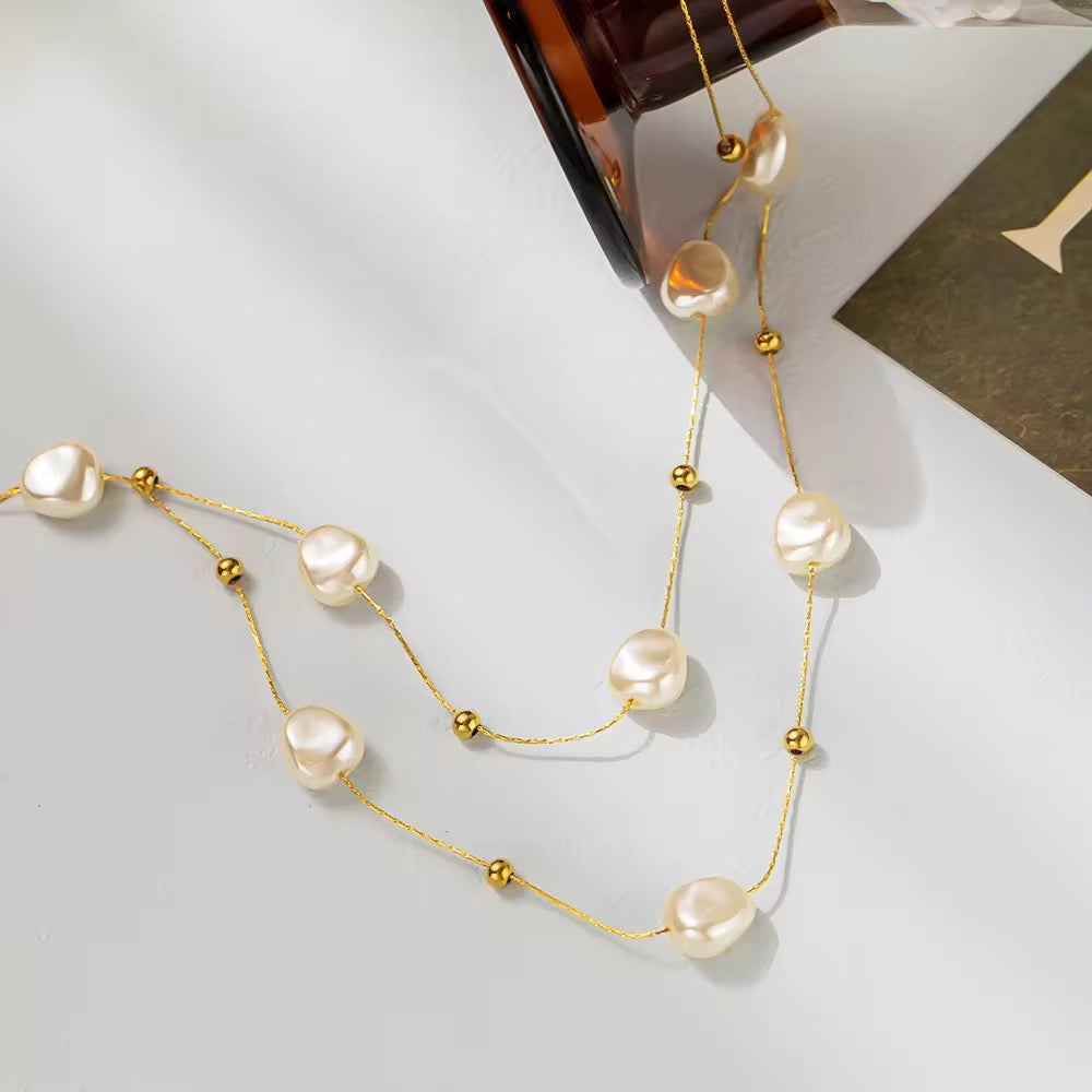 SS 173 Chunky pearl dainty double layer necklace- 18k gold plated stainless steel - Anti tarnish - Wholesale