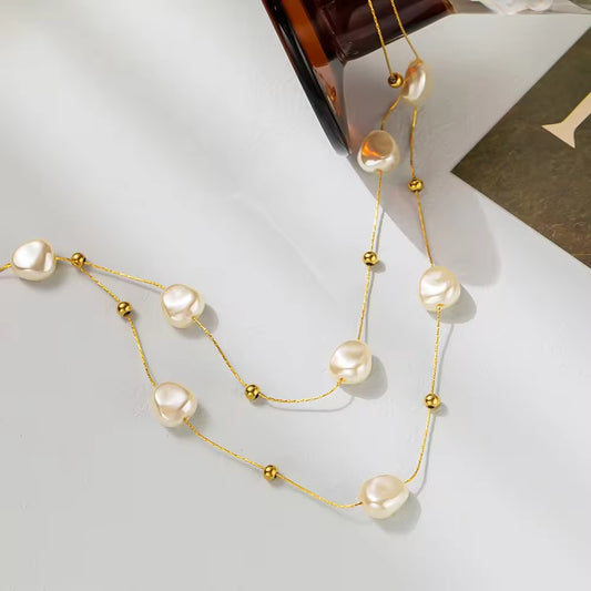 NSJ05F Chunky pearl dainty double layer necklace- 18k gold PVD plated 316 stainless steel - Anti tarnish