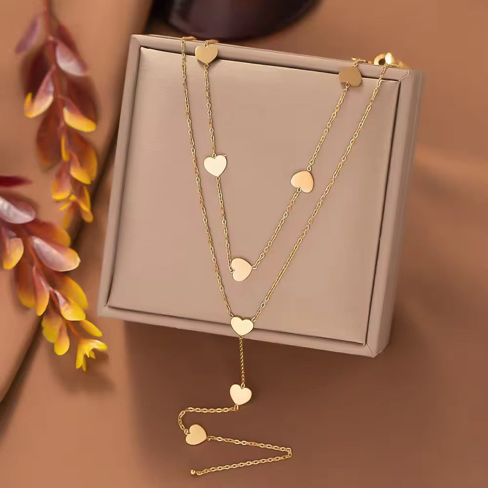 SS 174 Heart dainty double layer necklace- 18k gold plated stainless steel - Anti tarnish - Wholesale