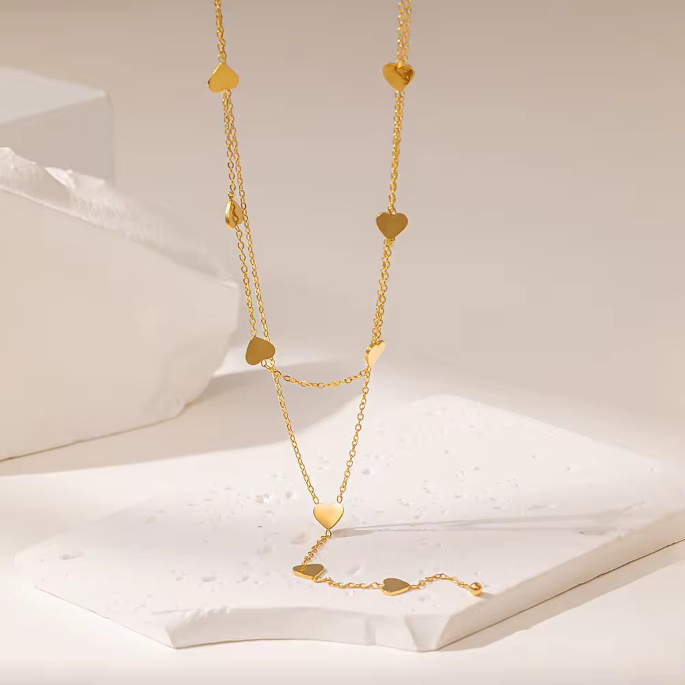 SS 174 Heart dainty double layer necklace- 18k gold plated stainless steel - Anti tarnish - Wholesale