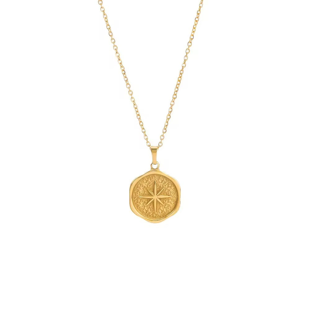 SJ 175 North Star Round disc necklace- 18k gold PVD plated stainless steel - Anti tarnish - Wholesale