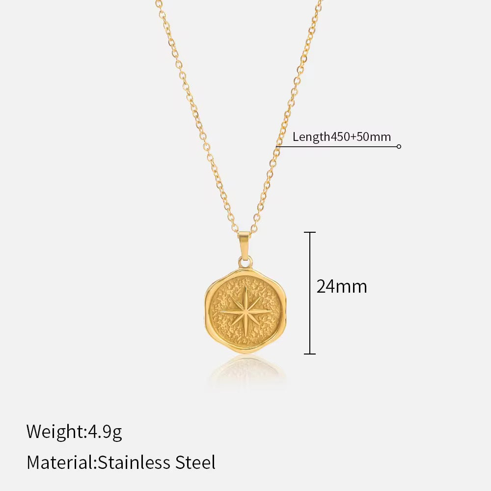 SS 175 North Star Round disc necklace- 18k gold plated stainless steel - Anti tarnish - Wholesale