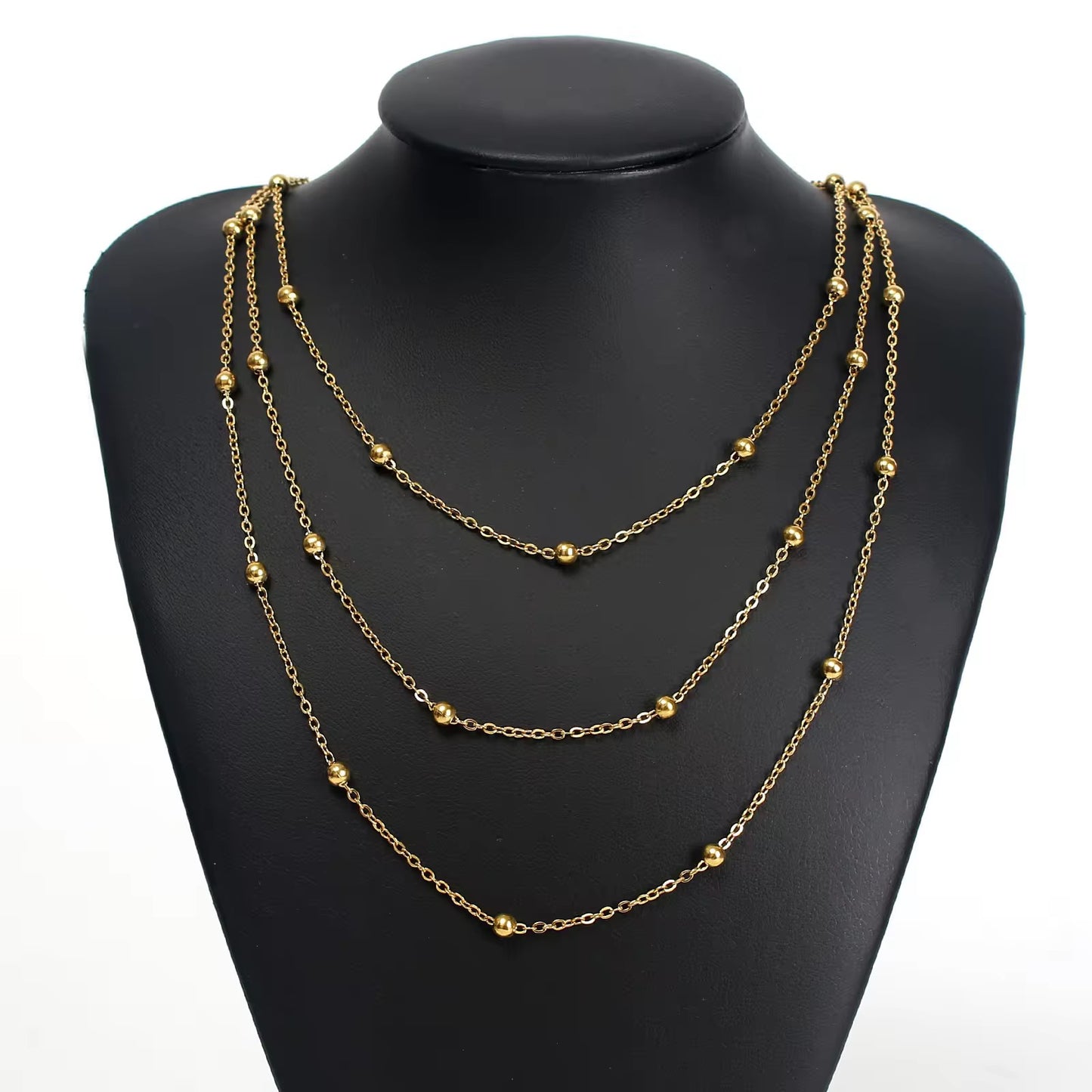 SJ 179 Triple layer dainty bead necklace- 18k gold plated stainless steel - Anti tarnish - Wholesale