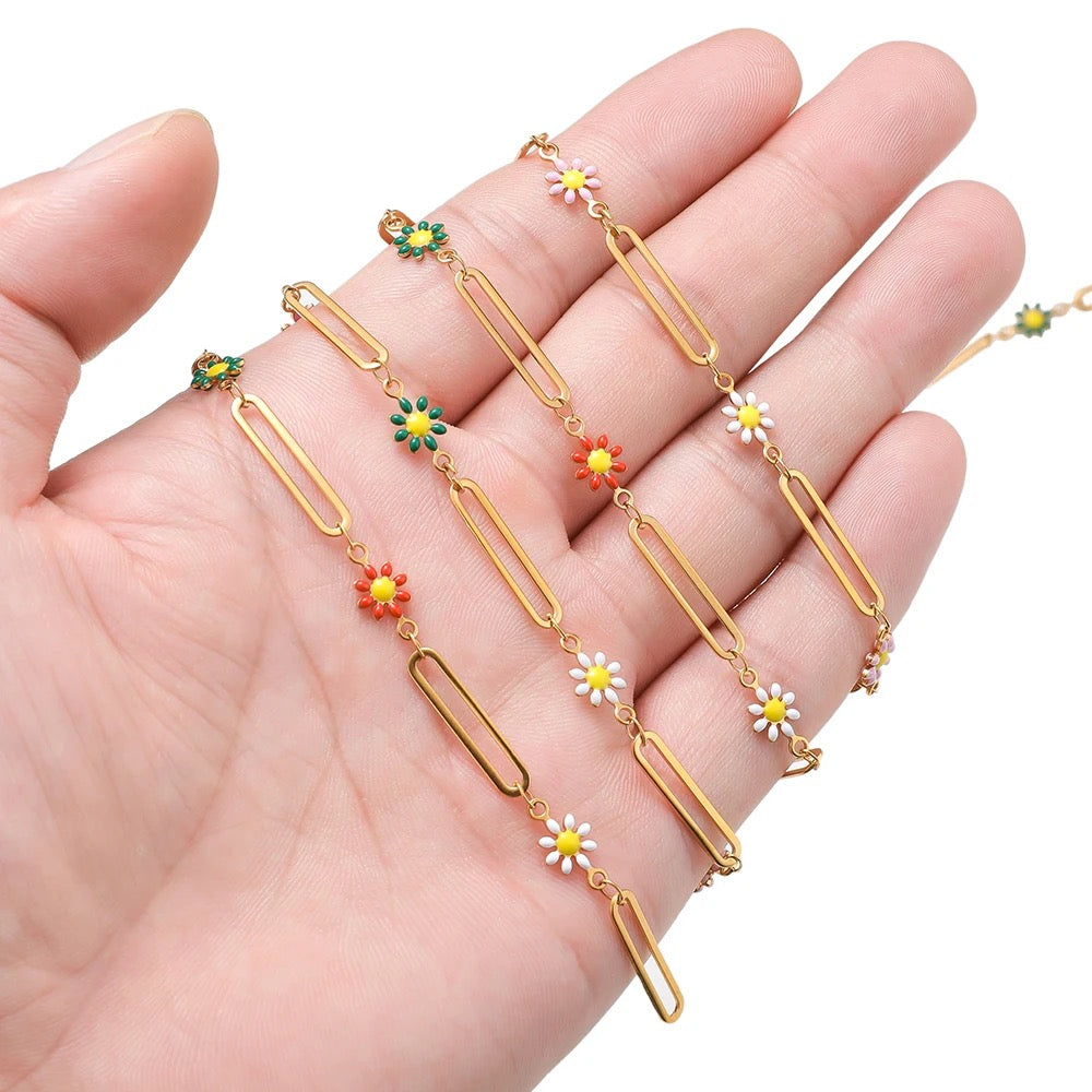 CN 172 Pink Enamel flowers gold Stainless steel buckle chain - per feet - Anti tarnish