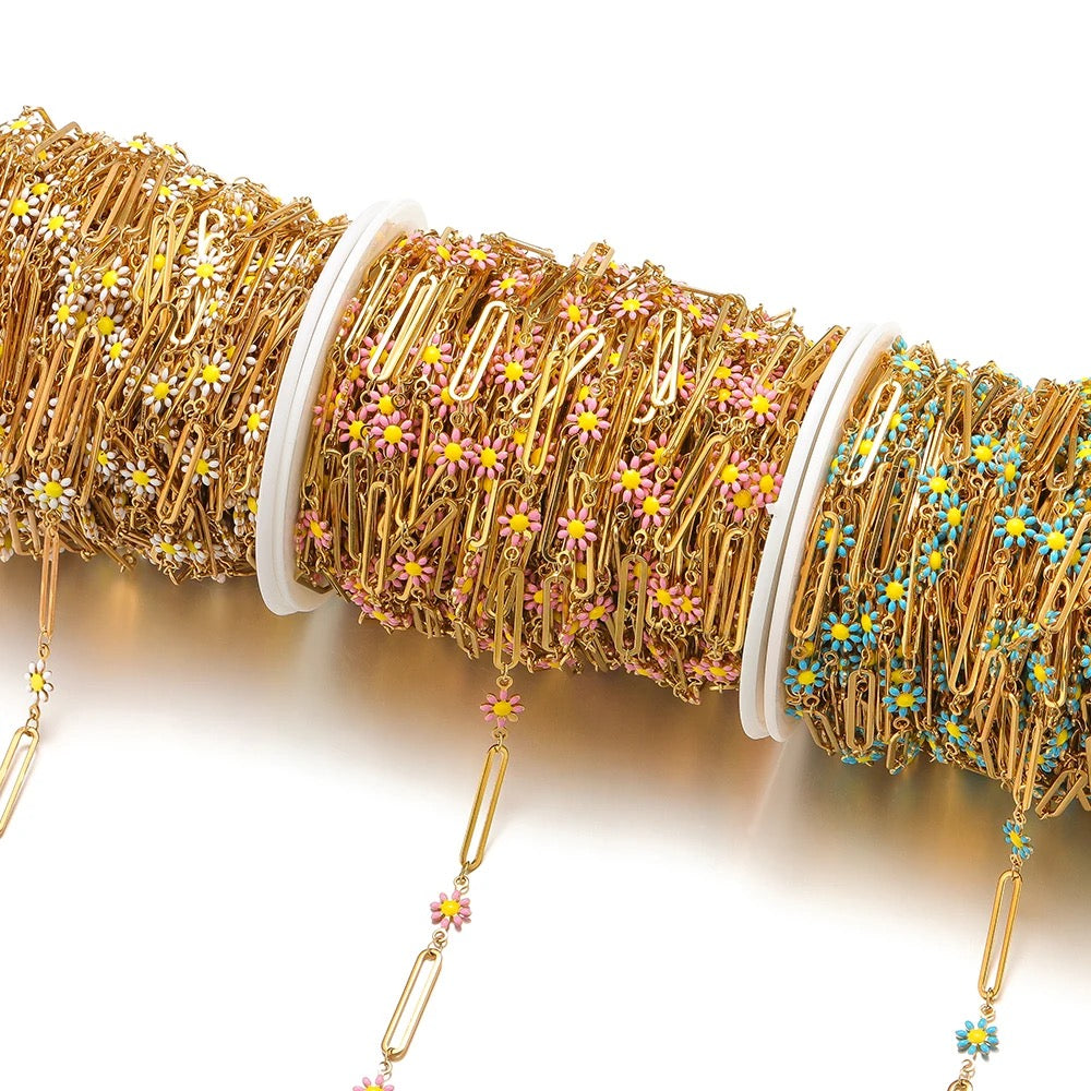 CN 171 Enamel flowers gold Stainless steel buckle chain - per feet - Anti tarnish