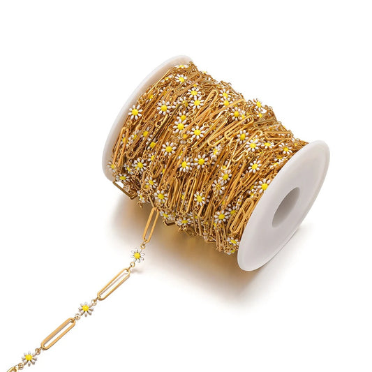 CN 173 White Enamel flowers gold Stainless steel buckle chain - per feet - Anti tarnish