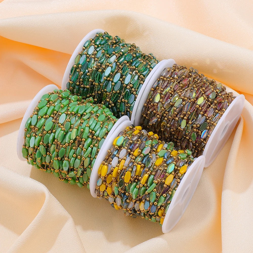 CN 178 Light green crystal boho Handmade gold Stainless steel chain - per feet - Anti tarnish