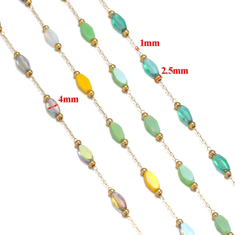 CN 178 Light green crystal boho Handmade gold Stainless steel chain - per feet - Anti tarnish