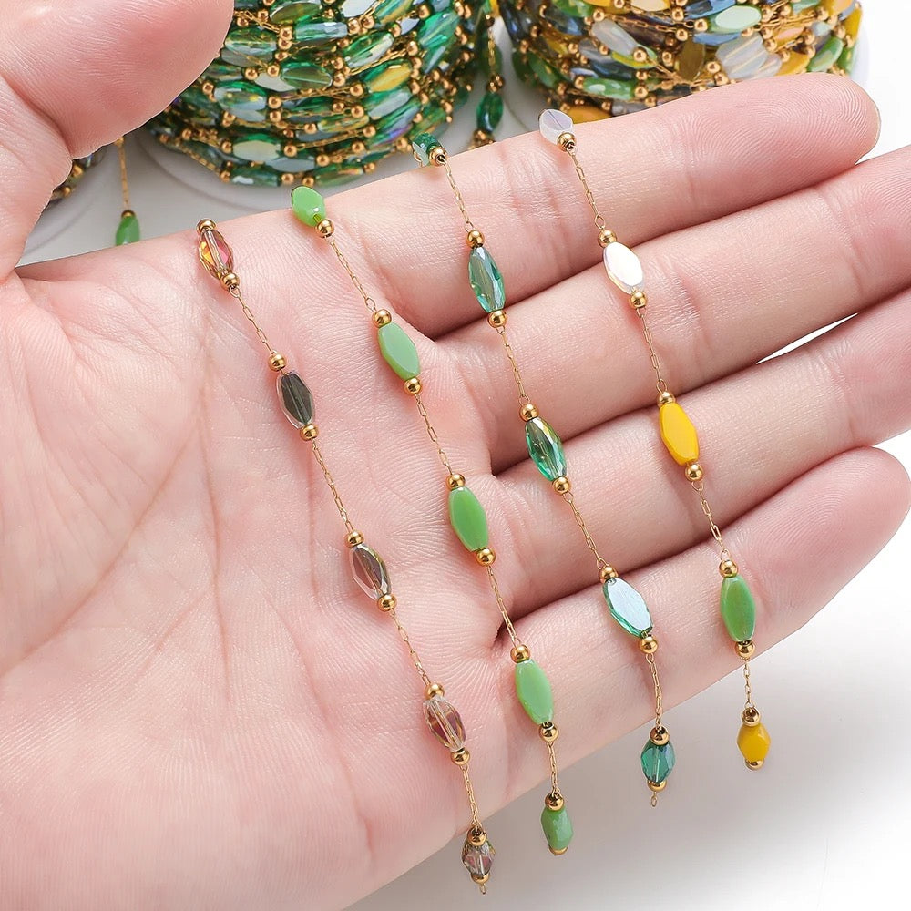 CN 177 Multi colour crystal boho Handmade gold Stainless steel chain - per feet - Anti tarnish