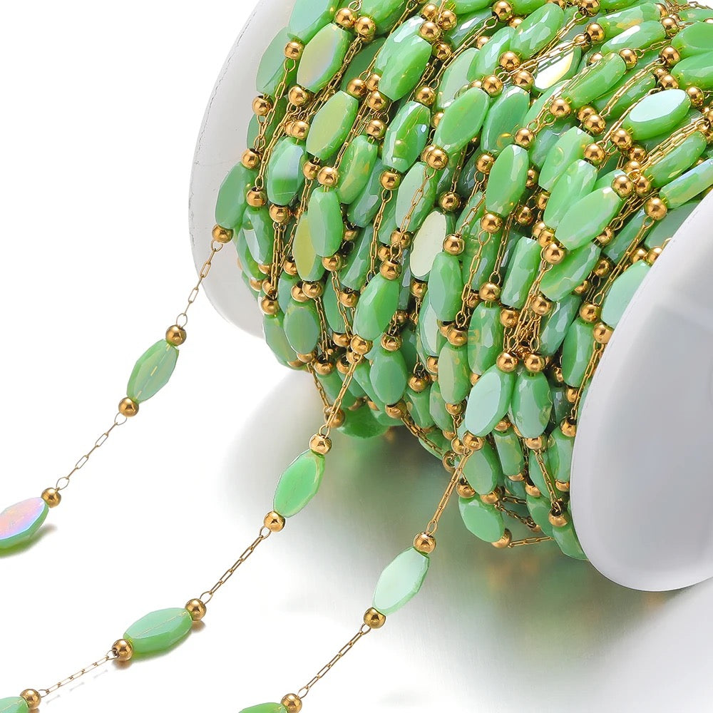 CN 178 Light green crystal boho Handmade gold Stainless steel chain - per feet - Anti tarnish