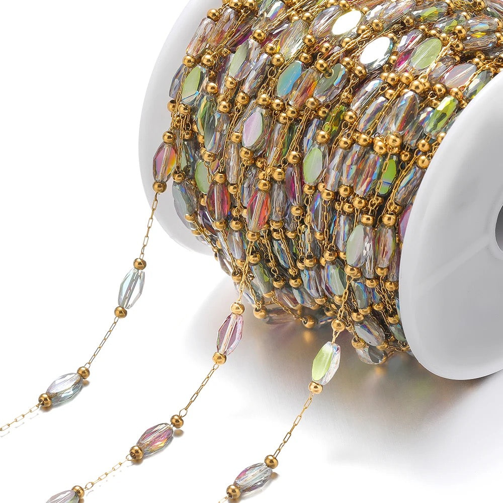 CN 179 Holographic crystal boho Handmade gold Stainless steel chain - per feet - Anti tarnish