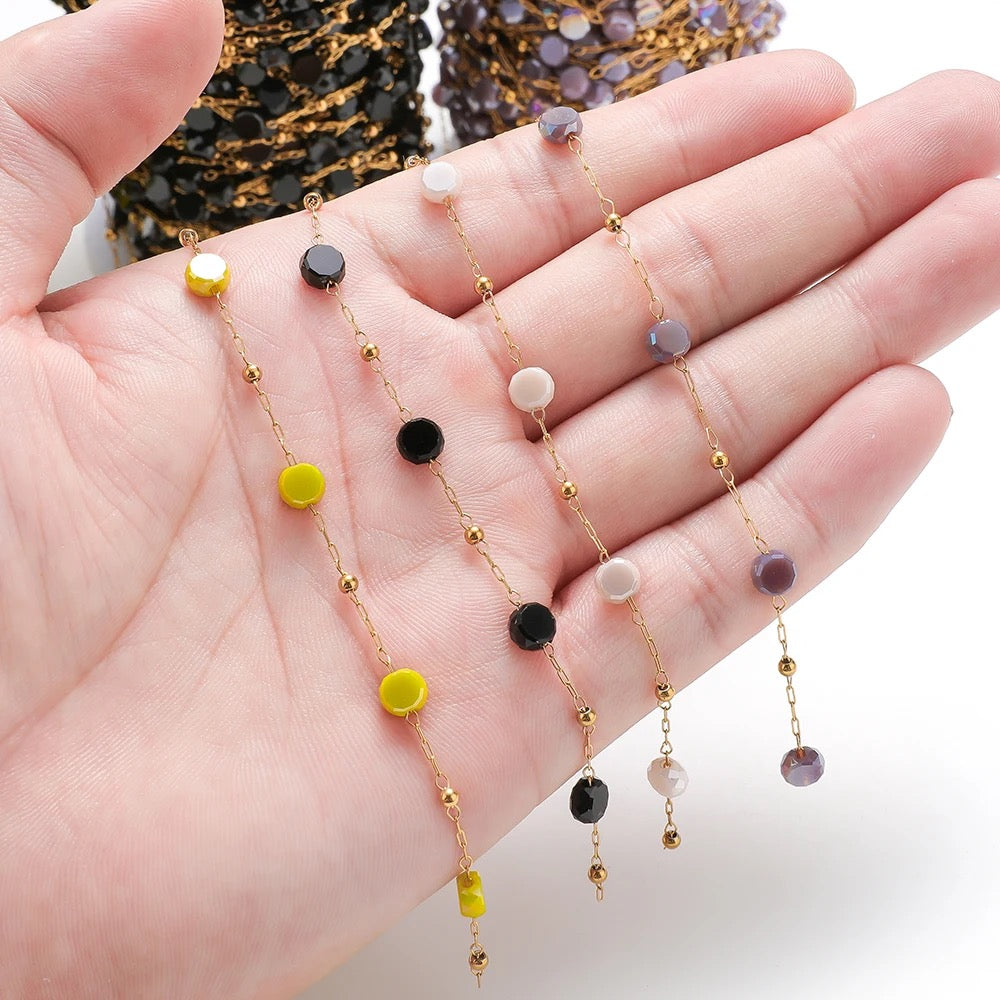 CN 182 Lemon yellow round crystal Handmade gold Stainless steel chain - per feet - Anti tarnish