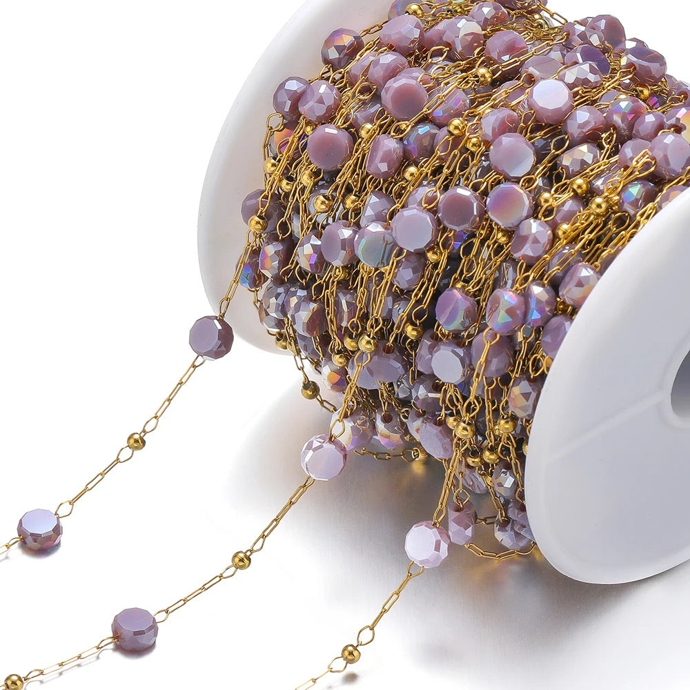 Purple round crystal Handmade gold Stainless steel chain - per feet - Anti tarnish