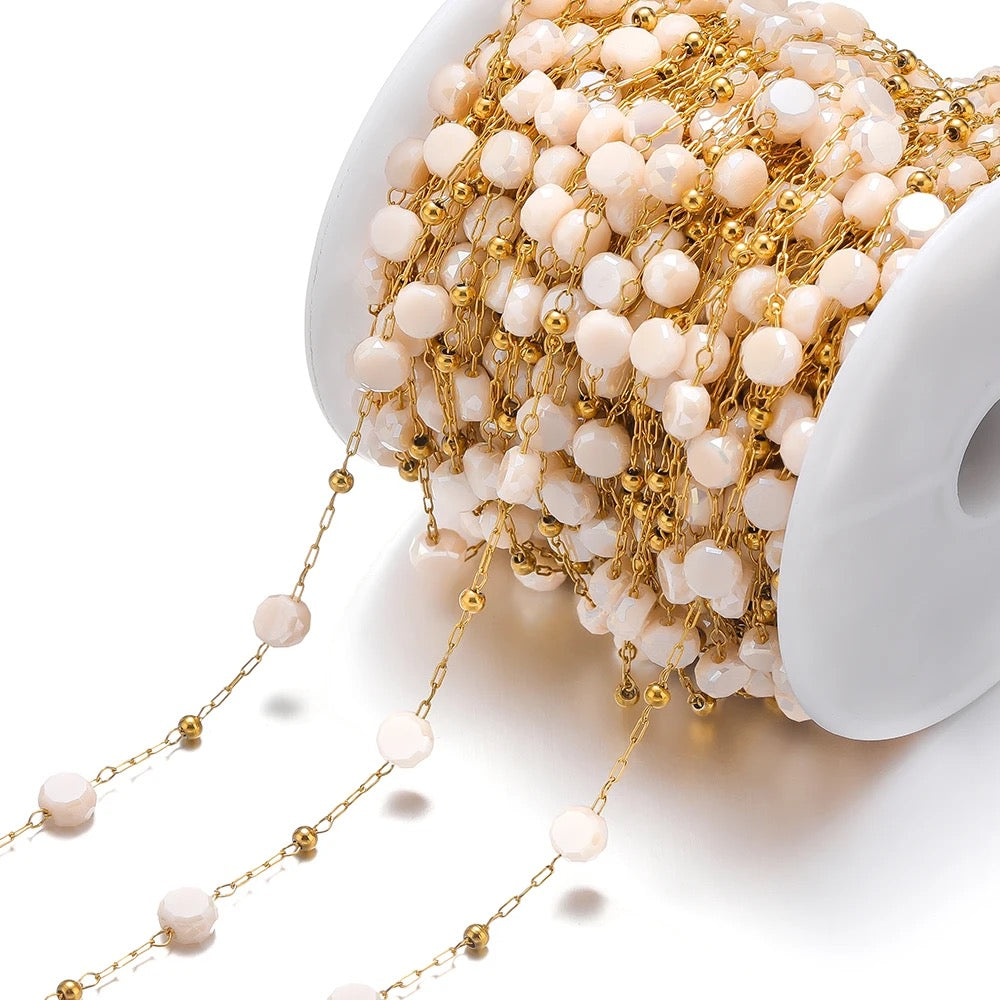 CN 183 Cream round crystal  Handmade gold Stainless steel chain - per feet - Anti tarnish