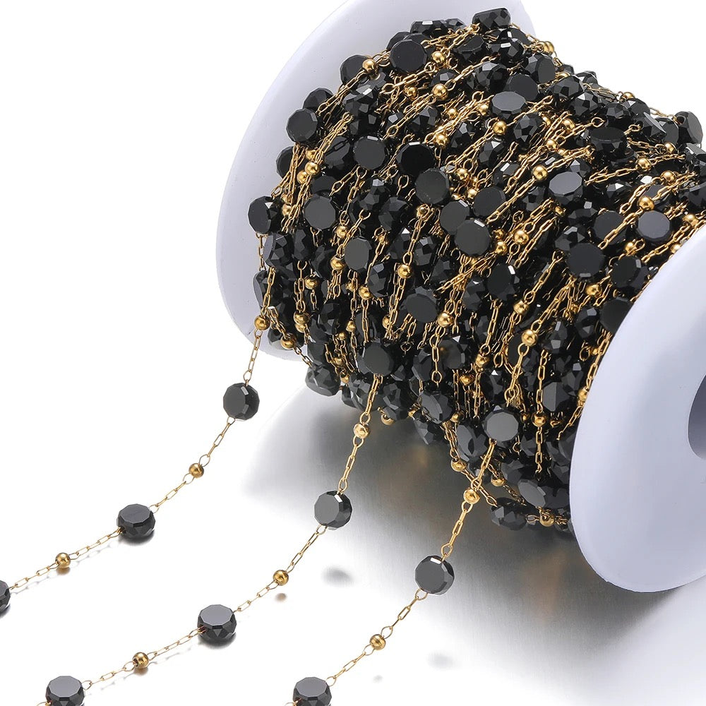 CN 181 Black round crystal  Handmade gold Stainless steel chain - per feet - Anti tarnish