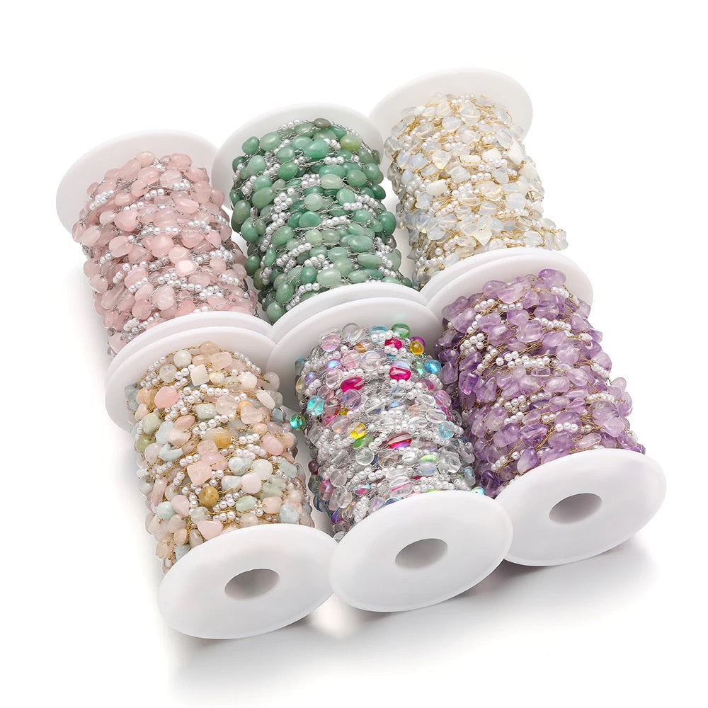 CN 186 Colourful Pearl stone Stainless steel chain - per feet - Anti tarnish