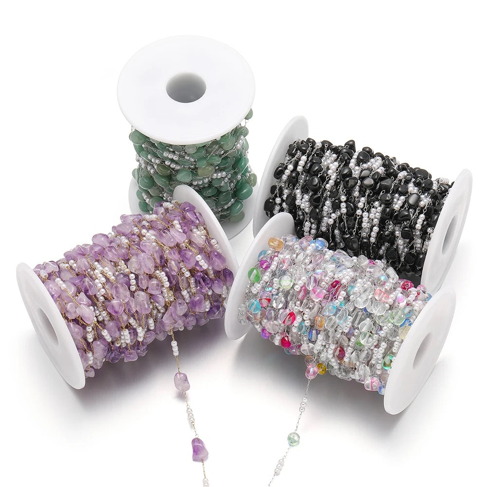CN 186 Colourful Pearl stone Stainless steel chain - per feet - Anti tarnish