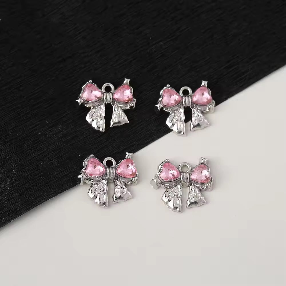 AC 2411 Pink Zircon bow silver plated Alloy charm ( 1 pc ) - Tarnish resistant