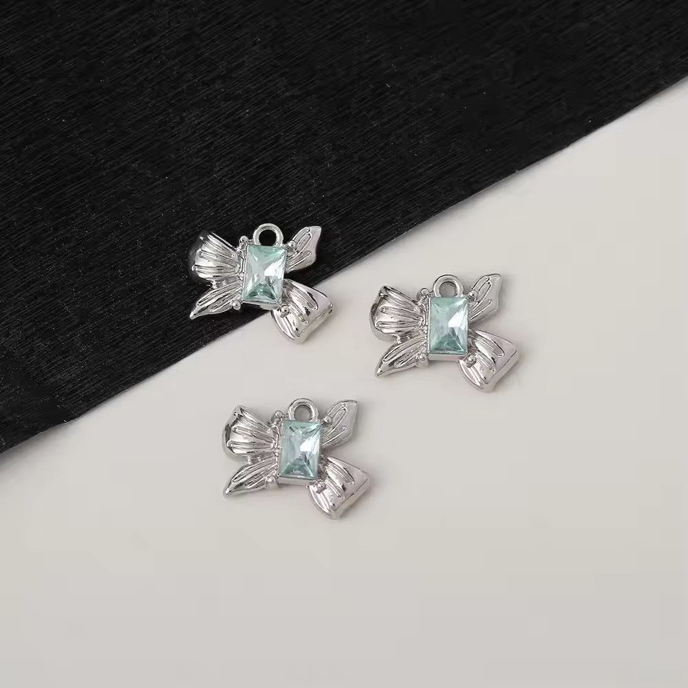 AC 2413 Blue Zircon bow silver plated Alloy charm ( 1 pc ) - Tarnish resistant