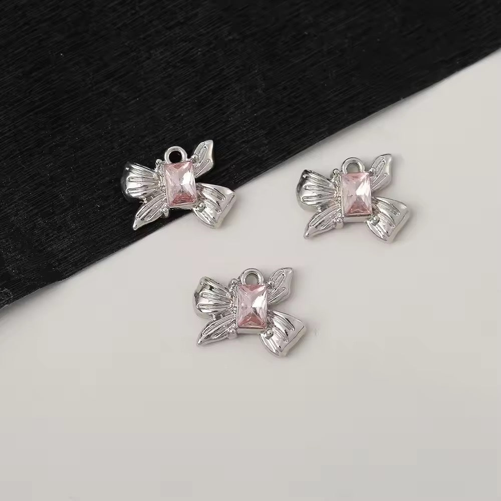 AC 2412 Pink Zircon bow silver plated Alloy charm ( 1 pc ) - Tarnish resistant