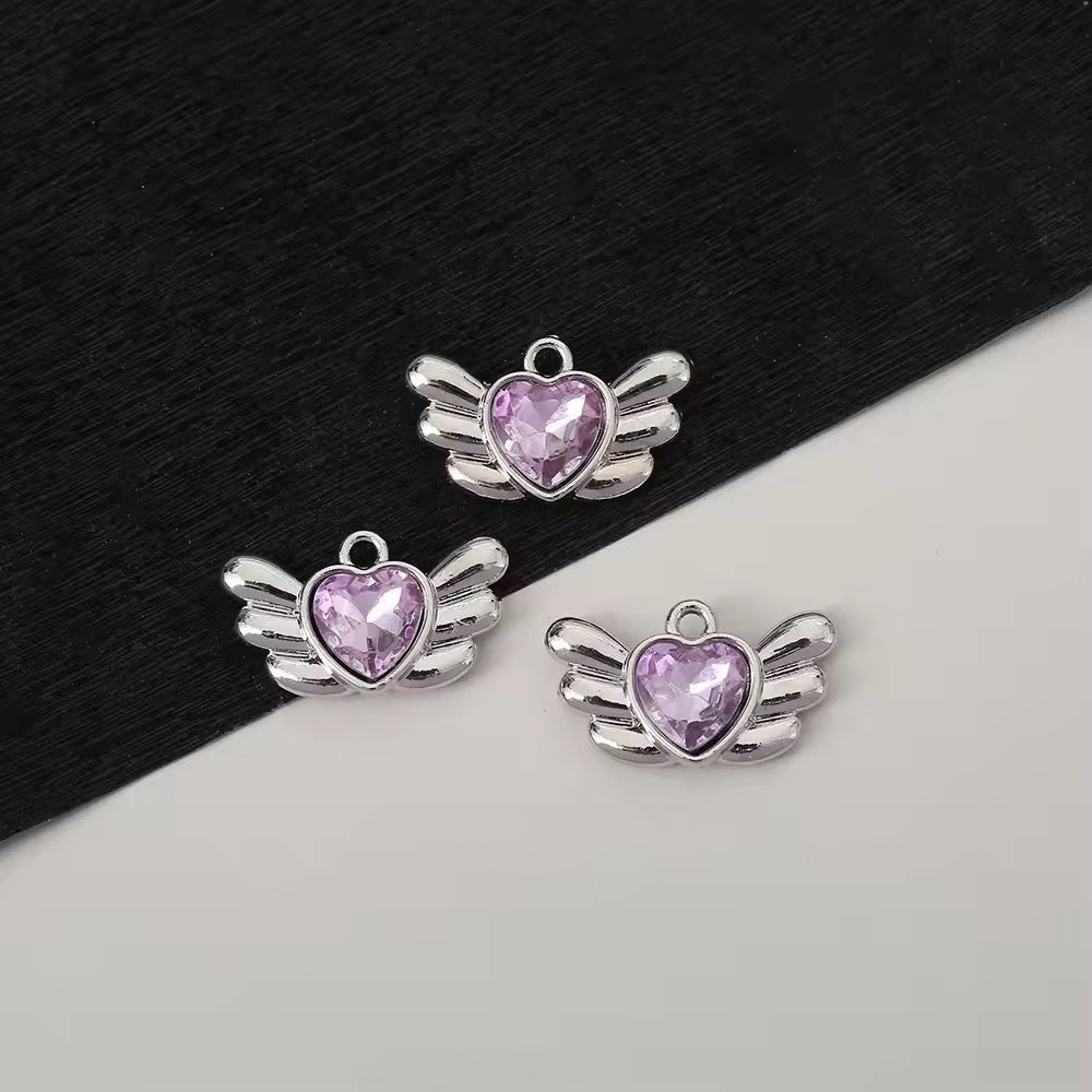 AC 2418 Pink zircon wings silver plated Alloy charm ( 1 pc ) - Tarnish resistant