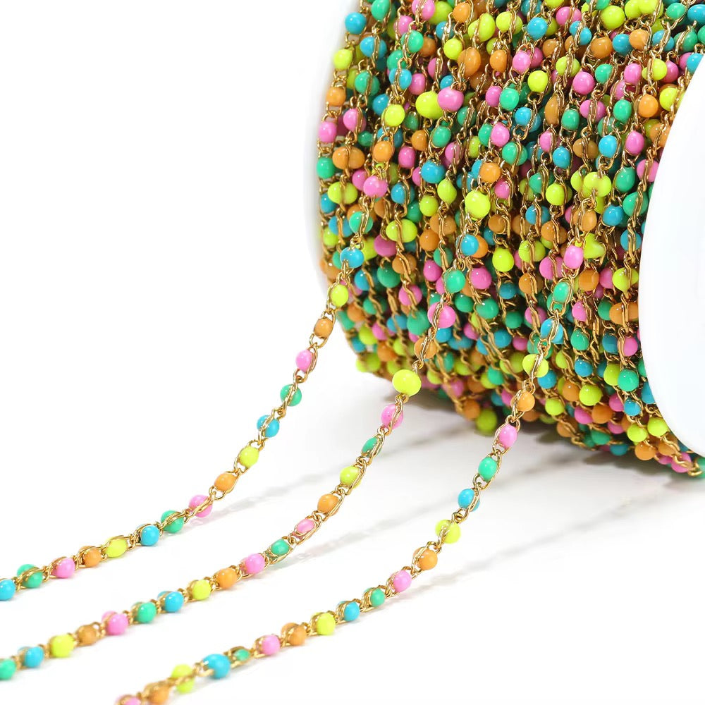 CN 398 Multi Colour Link enamel bead chain 18k gold PVD 316 Stainless steel ( 1 feet ) Anti tarnish