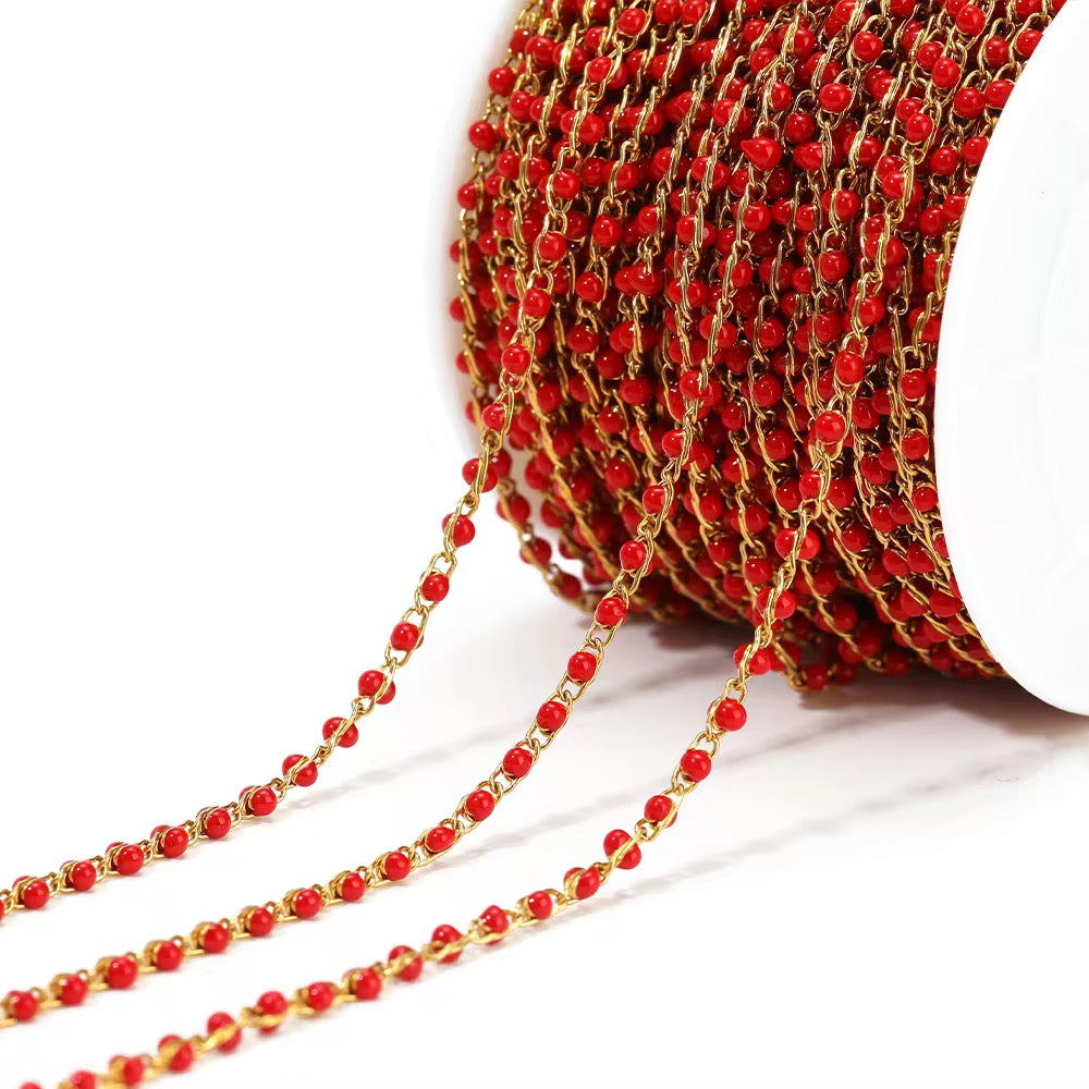 CN 403 Red Link enamel bead chain 18k gold PVD 316 Stainless steel ( 1 feet ) Anti tarnish