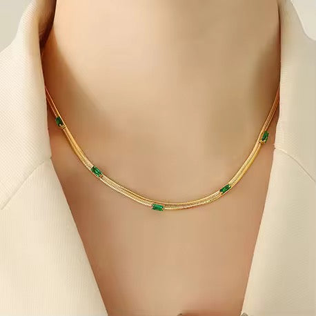 SS 245 Emerald stone dainty snake Chain Necklace -18k gold plated stainless steel - Anti tarnish - Wholesale