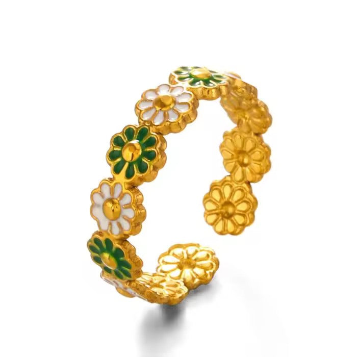 SS 253 Green and white daisy ring adjustable- 18k gold plated stainless steel - Anti tarnish - Wholesale