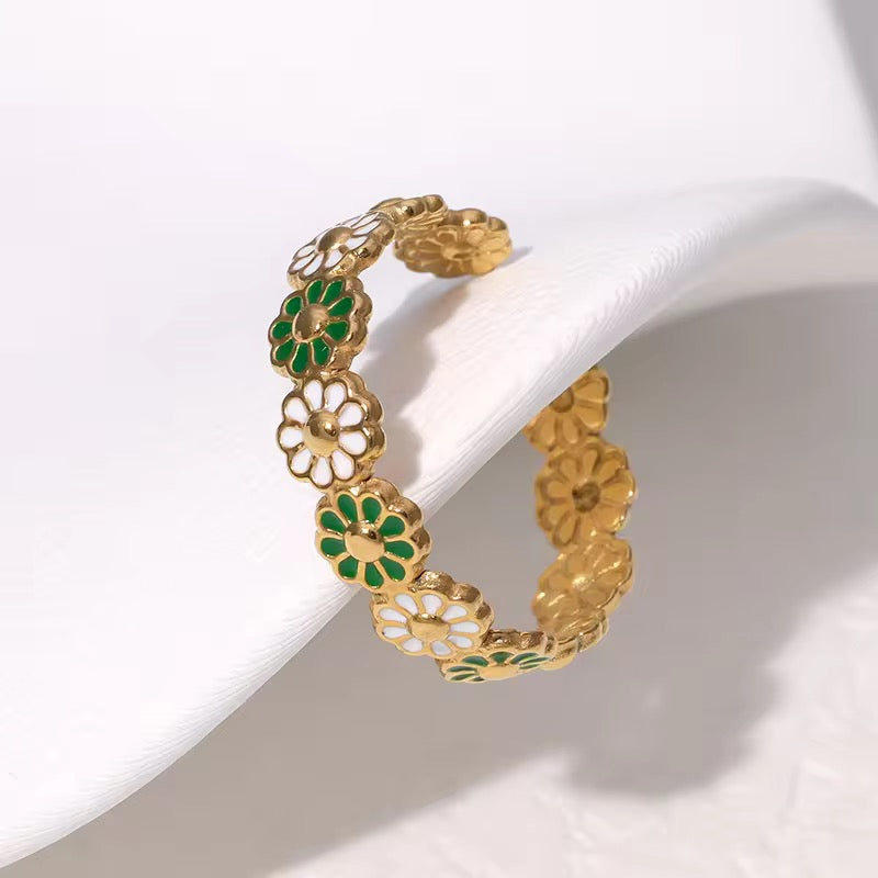 SS 253 Green and white daisy ring adjustable- 18k gold plated stainless steel - Anti tarnish - Wholesale