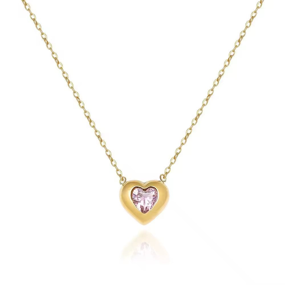 SJ 279 Dreamy pink zircon heart dainty Necklace - 18k gold PVD plated stainless steel - Anti tarnish