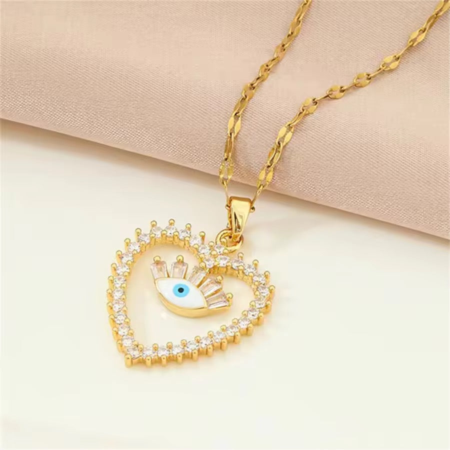 SS 284 Gold Heart zircon Evil eye Necklace - 18k gold PVD plated stainless steel - Anti tarnish - Wholesale