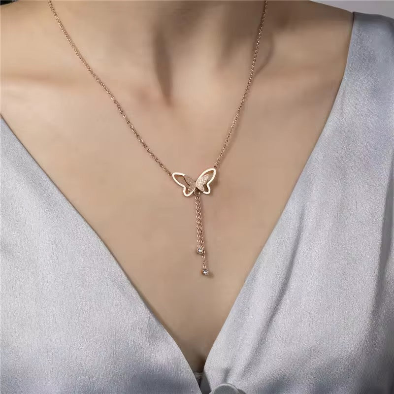 SS 289 Butterfly zircon drop rose gold Necklace - 18k gold PVD plated stainless steel - Anti tarnish - Wholesale