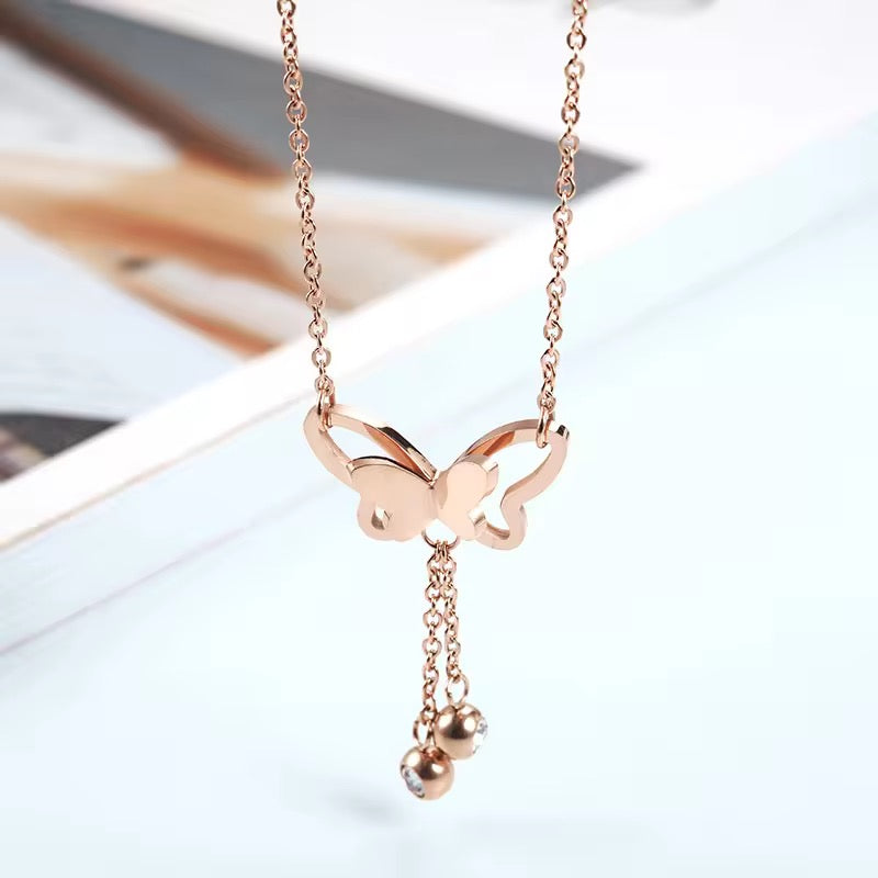 SS 289 Butterfly zircon drop rose gold Necklace - 18k gold PVD plated stainless steel - Anti tarnish - Wholesale