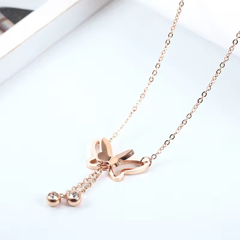 SS 289 Butterfly zircon drop rose gold Necklace - 18k gold PVD plated stainless steel - Anti tarnish - Wholesale