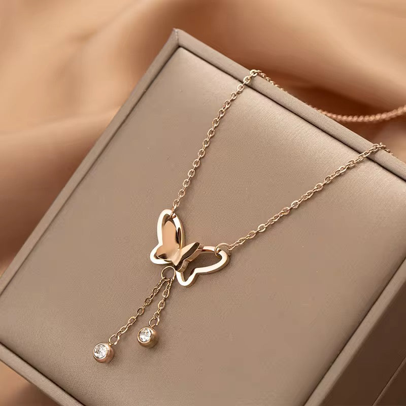 SS 289 Butterfly zircon drop rose gold Necklace - 18k gold PVD plated stainless steel - Anti tarnish - Wholesale