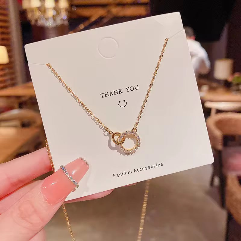 SS 291 Modern Double circle diamond Zircon Necklace - 18k gold PVD plated stainless steel - Anti tarnish - Wholesale