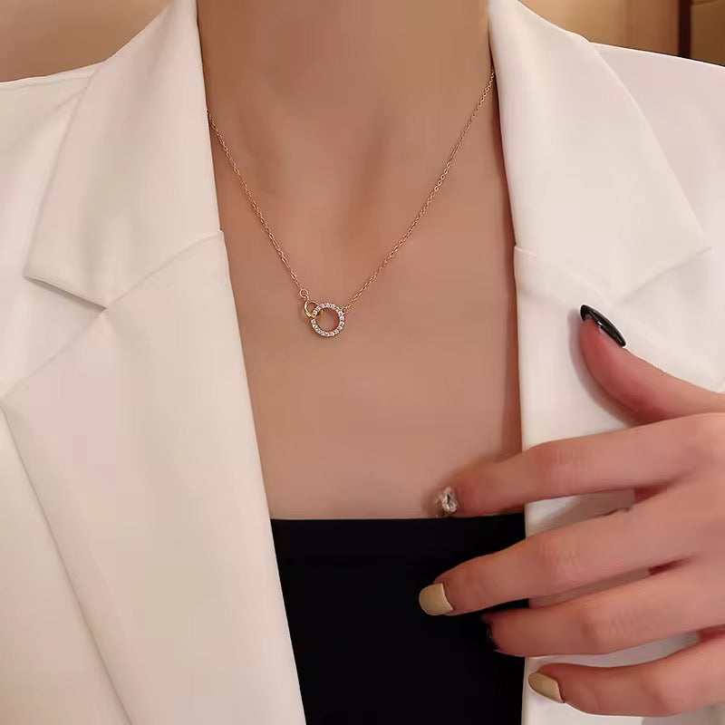 SS 291 Modern Double circle diamond Zircon Necklace - 18k gold PVD plated stainless steel - Anti tarnish - Wholesale
