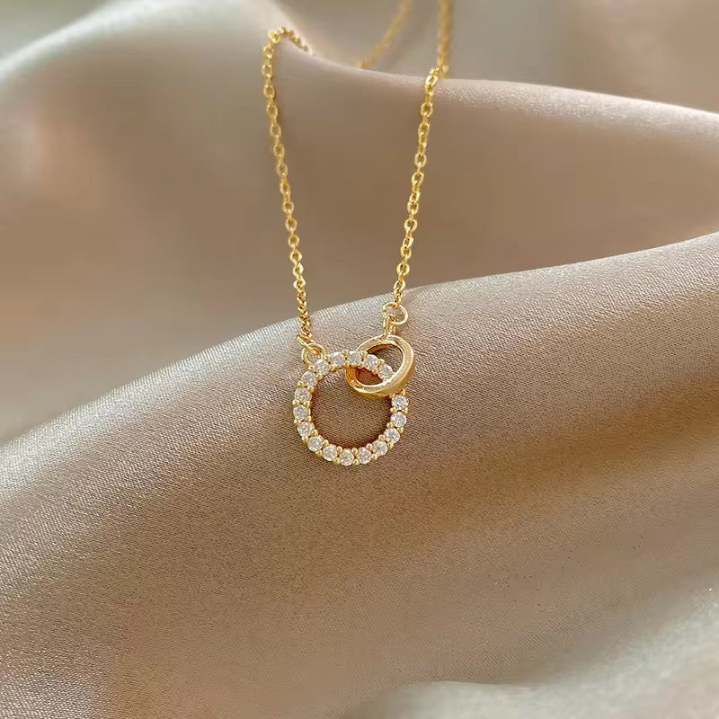 SS 291 Modern Double circle diamond Zircon Necklace - 18k gold PVD plated stainless steel - Anti tarnish - Wholesale