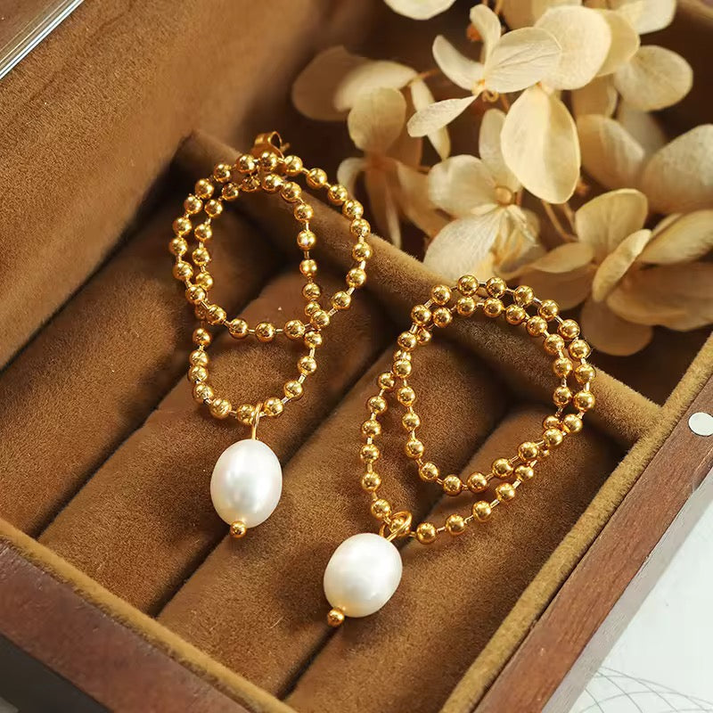 SS 292 Beaded pearl Earrings - 18k gold PVD plated stainless steel - Anti tarnish - Wholesale