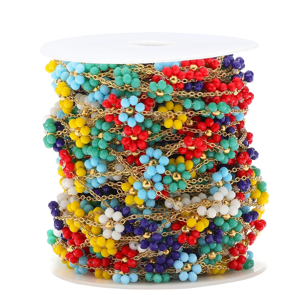 CN 204 Colourful Pearl braided flower gold Stainless steel chain ( 1 feet ) Anti tarnish