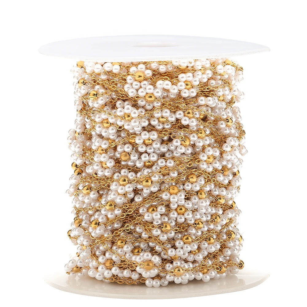 CN 211 Clear White Pearl braided flower gold Stainless steel chain ( 1 feet ) Anti tarnish