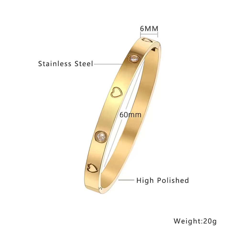 SJ 298 Heart Embedded zircon Bangle Bracelet - 18k gold PVD plated stainless steel - Anti tarnish - Wholesale