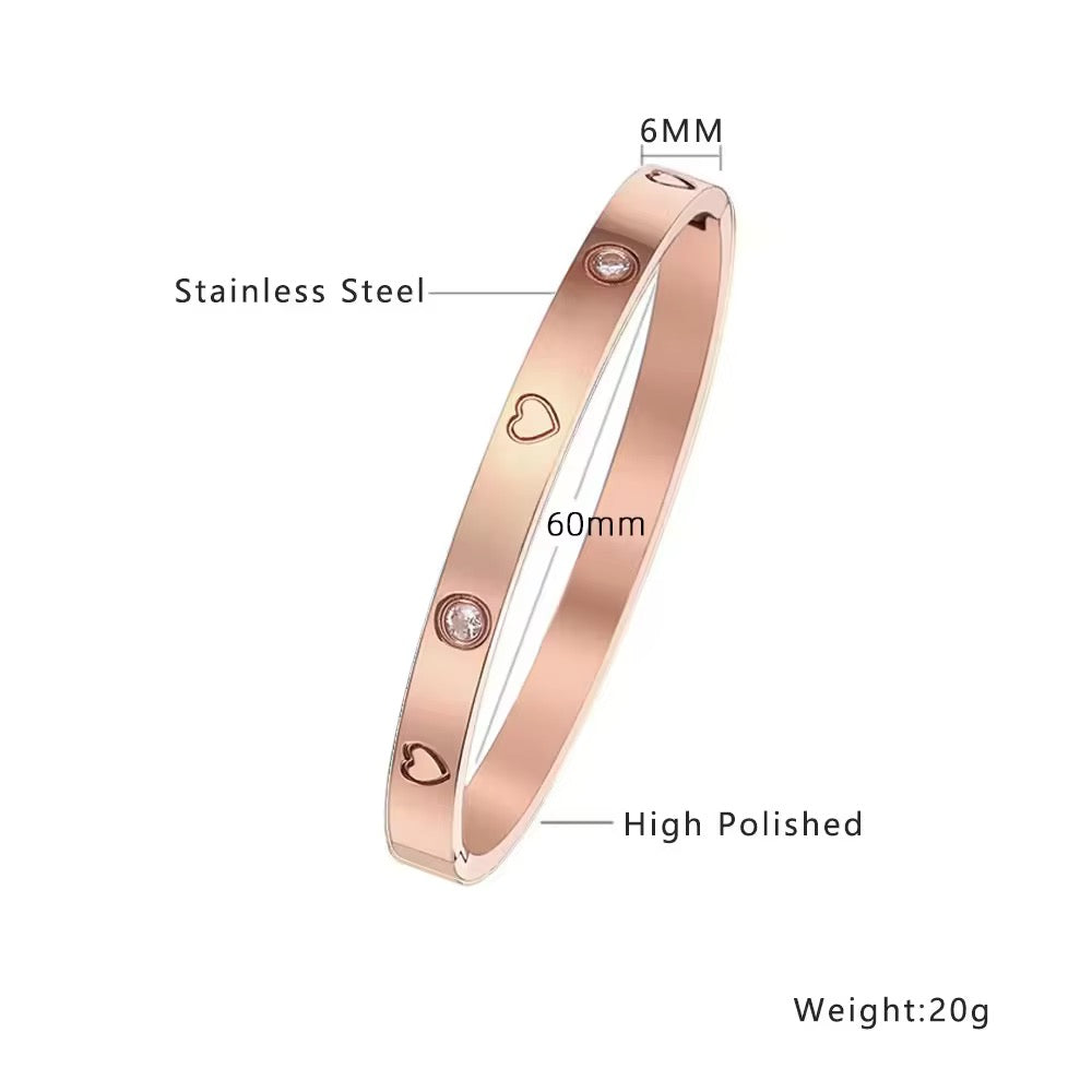 SJ 299 Heart Embedded zircon Rose gold Bangle Bracelet - 18k gold PVD plated stainless steel - Anti tarnish - Wholesale
